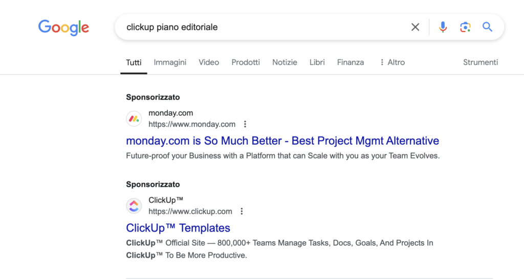 Annunci sponsorizzati di Monday.com e ClickUp™ su Google per la ricerca "ClickUp piano editoriale